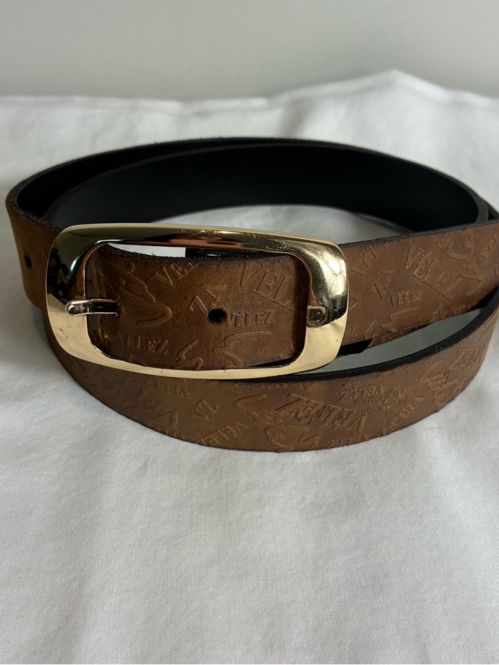 Velez Reversible Womens belt leather brown-black gold buckle embossed logo 45”